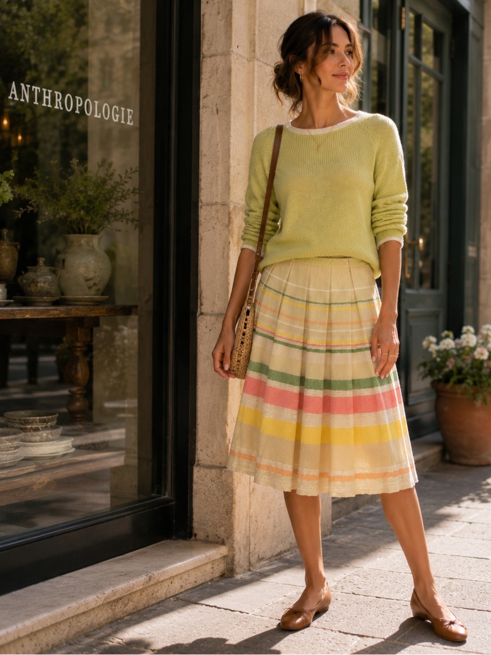 EVA FRANCO Anthropologie Skirt 8 Multicolor 100% Cotton Pleated Striped USA MADE
